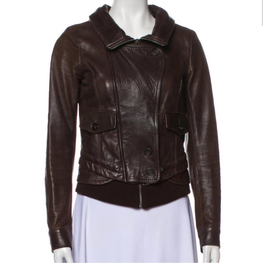 Theory Brown Leather Biker Jacket (Petite)